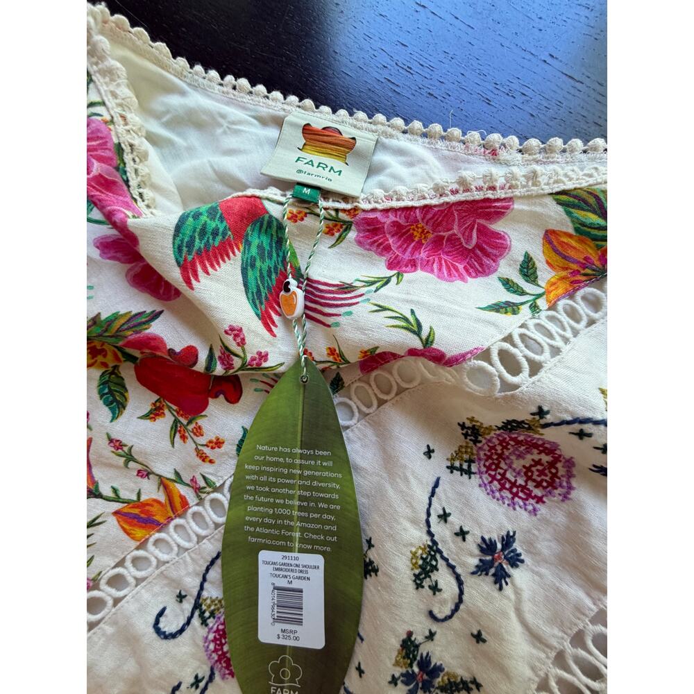 Farm Rio NEW Toucans Garden One Shoulder Embroidered Mini Dress, Med - Picture 9 of 11